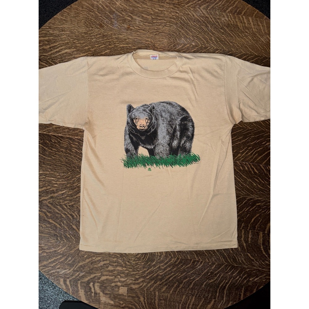 Vintage 1985 Black Bear T-Shirt XL Double Sided Nature Jerzees 50/50 USA Tan - Picture 1 of 11